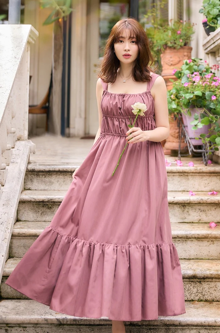 Double Bow Summer Long Dress plum Sサイズ