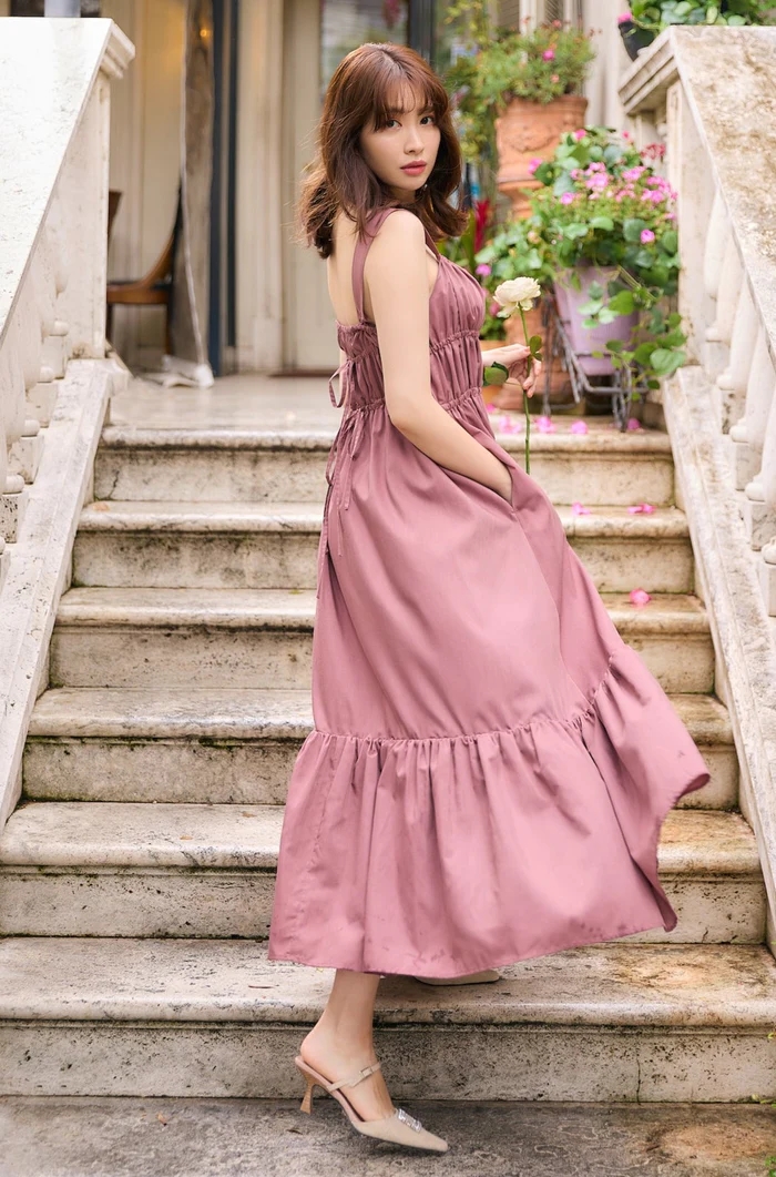 Double Bow Summer Long Dress plum Sサイズ