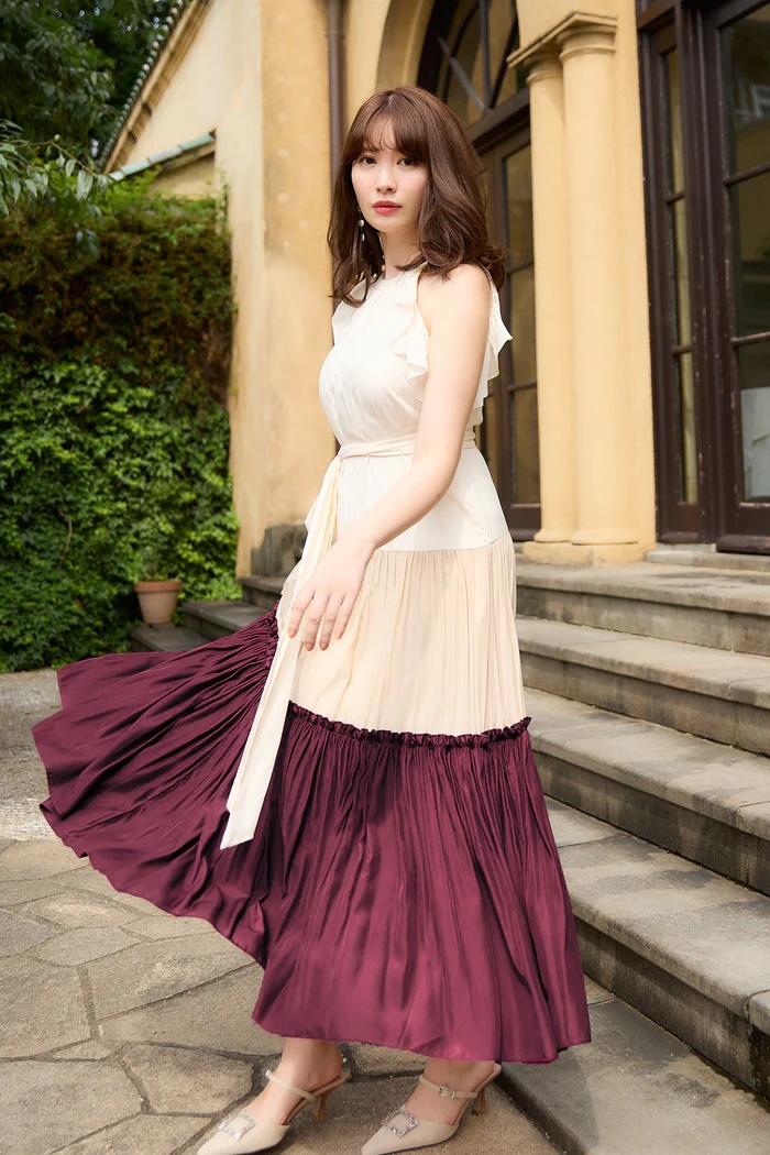 Color Blocking Belted Long Dress