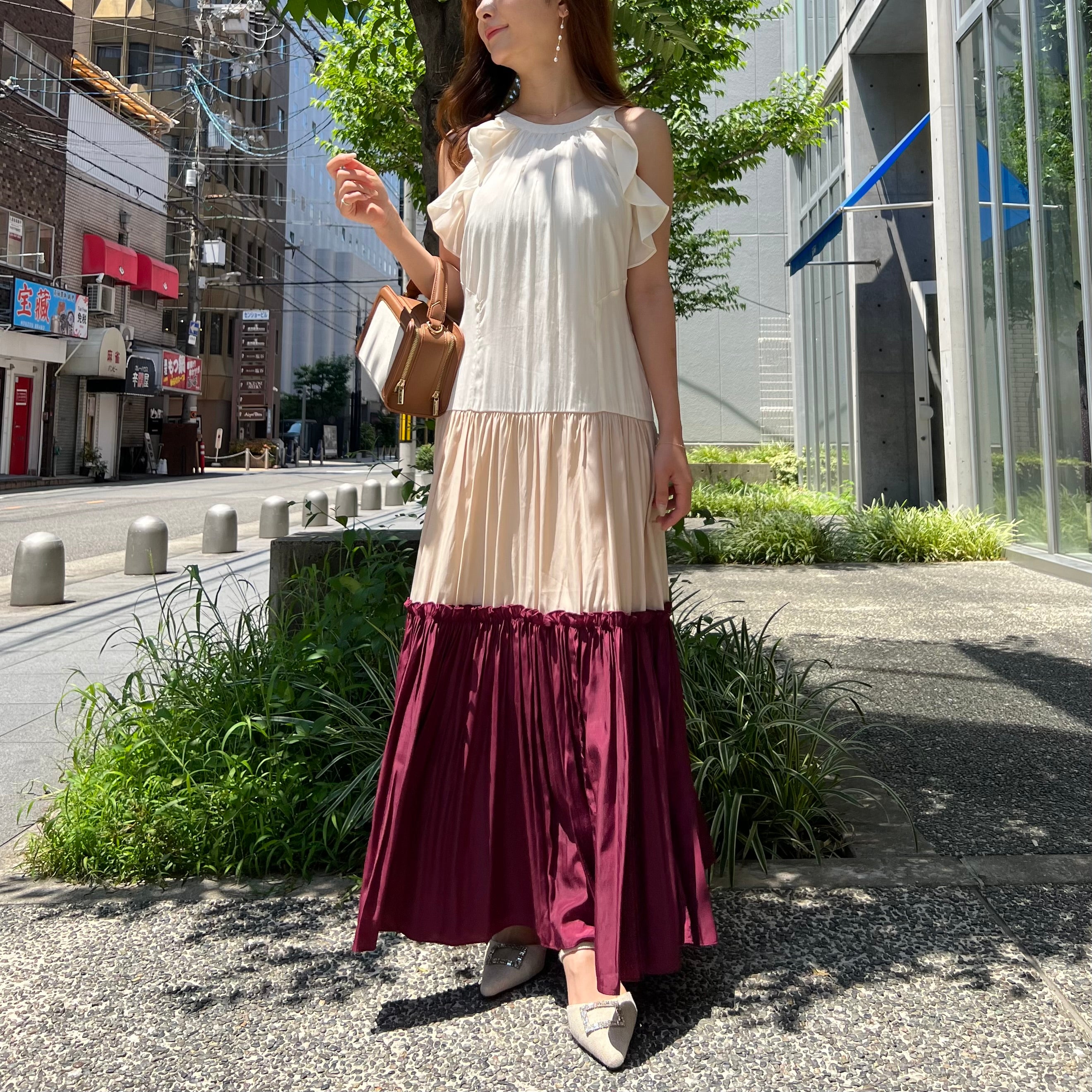 Color Blocking Belted Long Dress