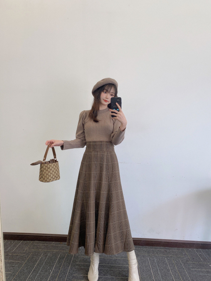 Fubail リブニットコンビチェックワンピース