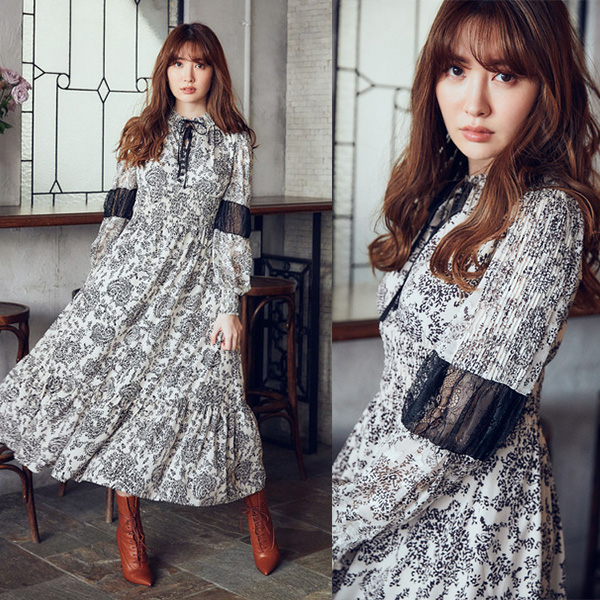 Winter Floral Long-sleeve Dress - ロングワンピース