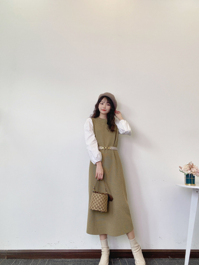 Fubail 布帛スリーブドッキングデザインワンピース