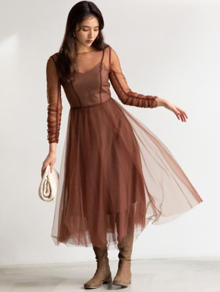 Fubail バックレースチュールロングワンピース