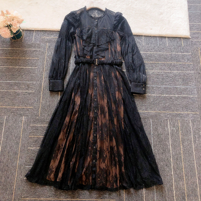 HerliptoRomantic Lace Belted Dress black